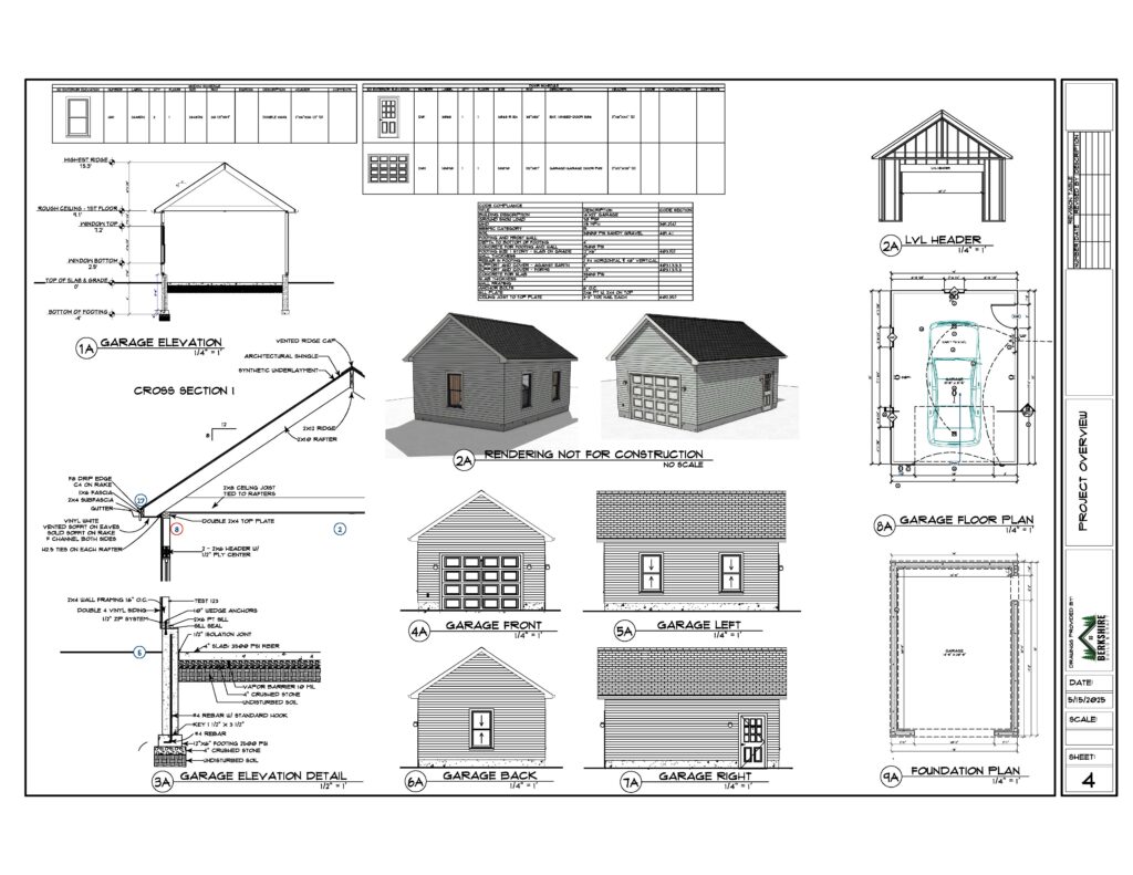 Complete construction drawings showing the floor plan, elevations, foundation and framing for a lakeside garage addition.
