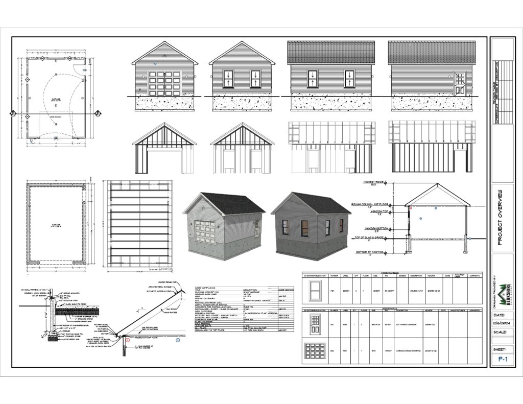 Construction details, exterior elevations and framing plans for the lakeside garage addition.