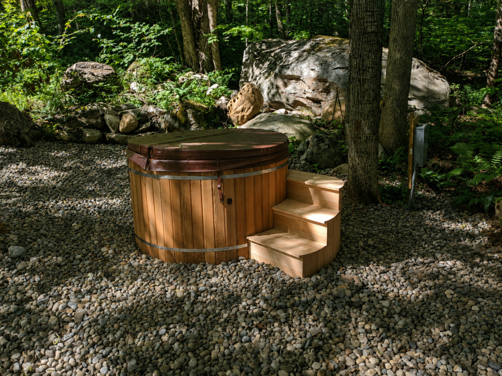 Cedar hot tub with custom wood steps surrounded by river rock and existing natural boulders