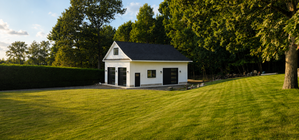 Completed 30-by-40-foot Modern Carriage House with white vertical siding, black doors and three vehicle bays