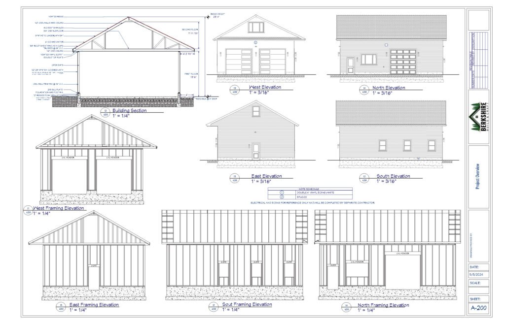 Building sections, exterior elevations and framing drawings for the Modern Carriage House