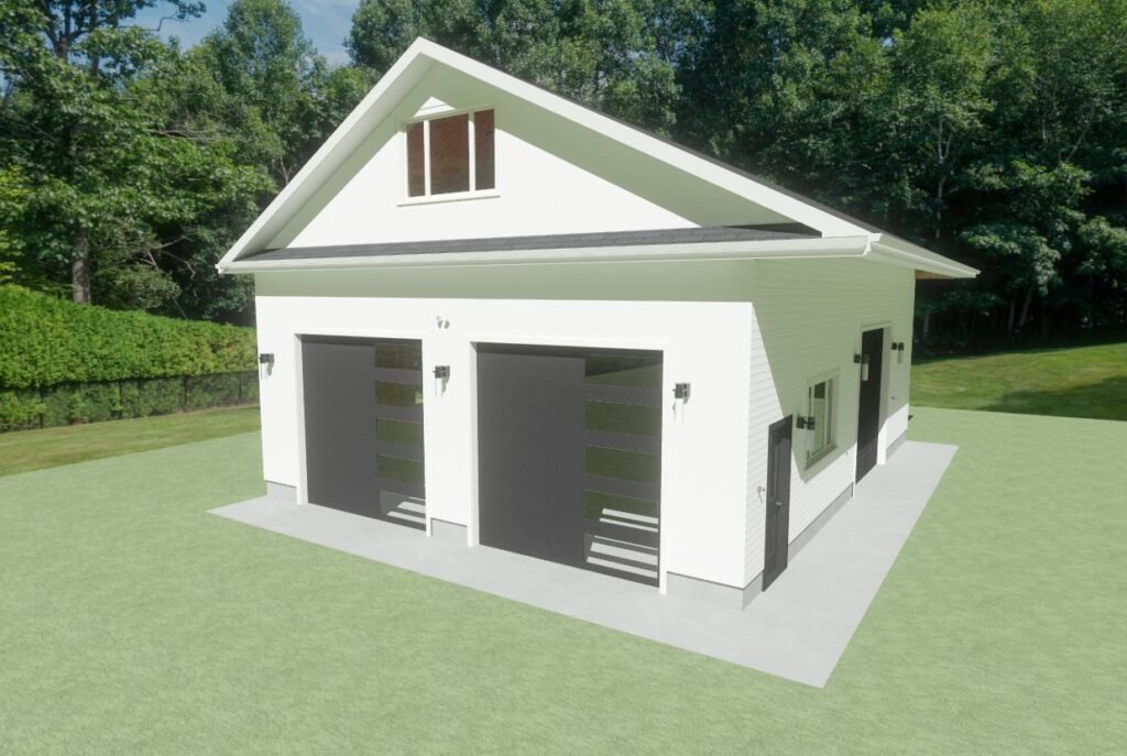 Three-dimensional design rendering of the white Modern Carriage House with black garage doors and windows
