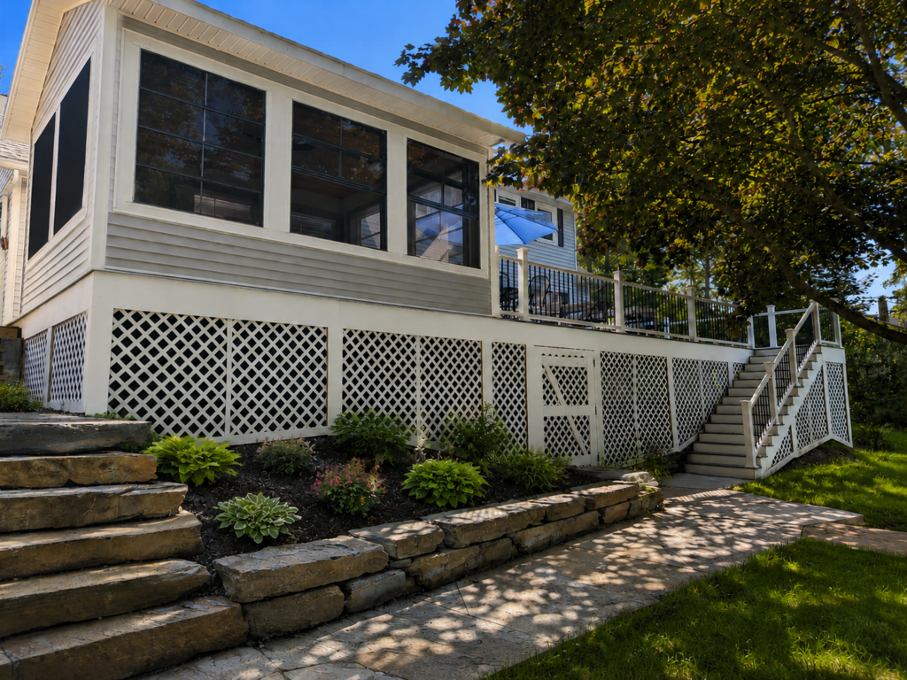 Completed Overlook at the Lake project with an enclosed three-season room, Trex deck and Goshen stone landscaping