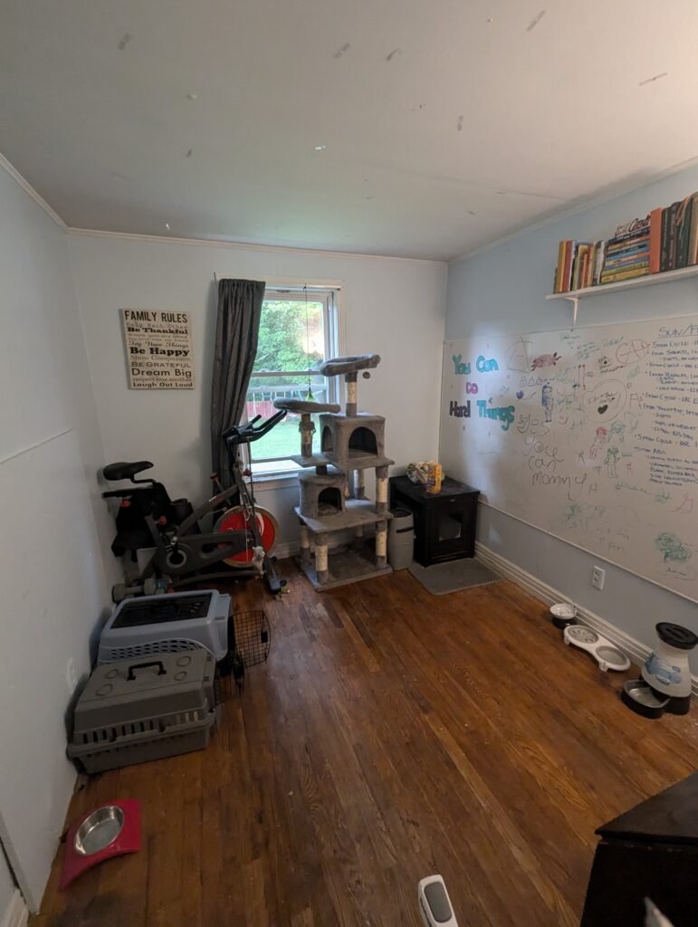 Former bedroom during conversion with walls opened and new bathroom partitions being framed