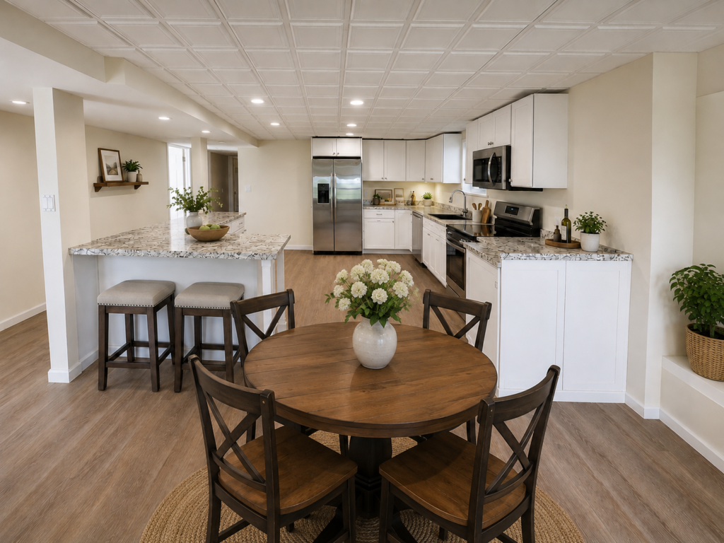 Completed Lower House apartment with an open kitchen, dining area, white cabinetry and decorative ceiling