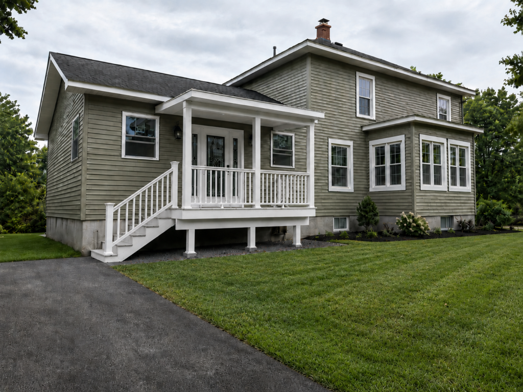 Completed 20-by-20 traditional home addition with matching green siding, white trim and a covered entrance