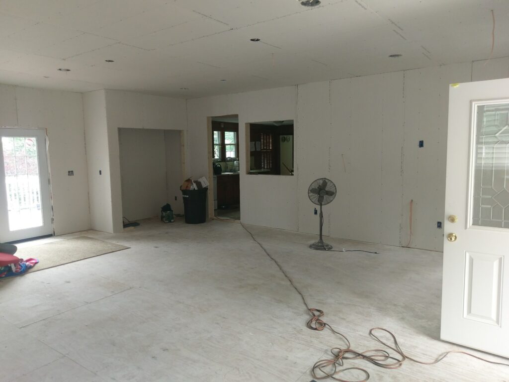 Interior of the 400-square-foot home addition after drywall installation