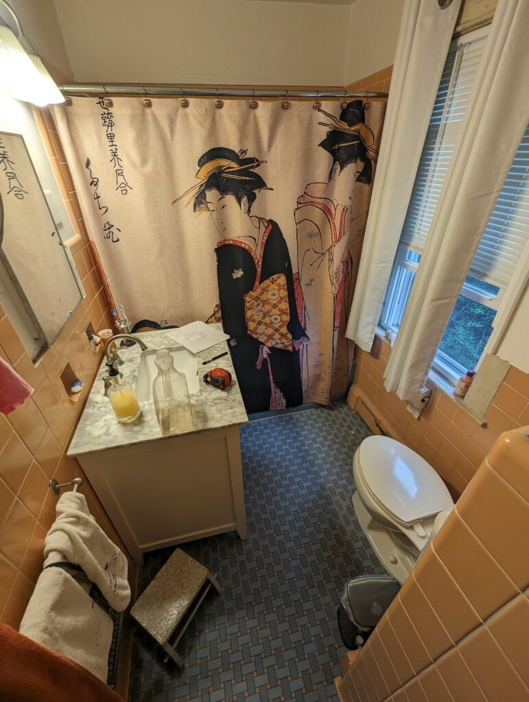 Bathroom before remodeling with peach wall tile, blue mosaic flooring and the original fixture layout