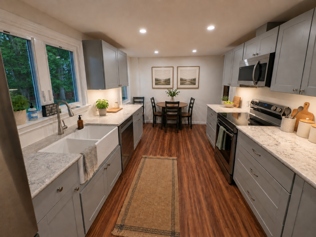 Completed warm modern galley kitchen with gray Shaker cabinets, white quartz countertops, farmhouse sink and dining area