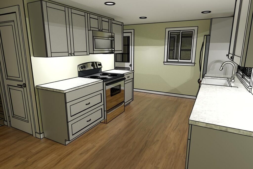 Design rendering showing the proposed galley kitchen layout with new cabinetry, relocated appliances and recessed lighting