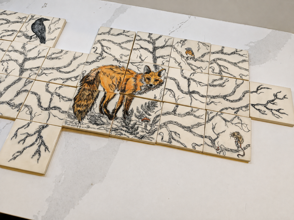 Custom backsplash tiles arranged before installation to form a woodland scene with a fox, bird, mouse and branches
