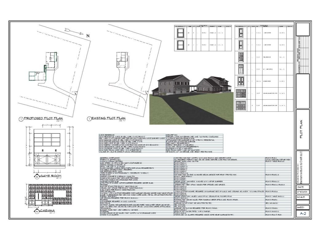 Proposed plot plan, schedules and overall site rendering for the Pool Side Coach House design