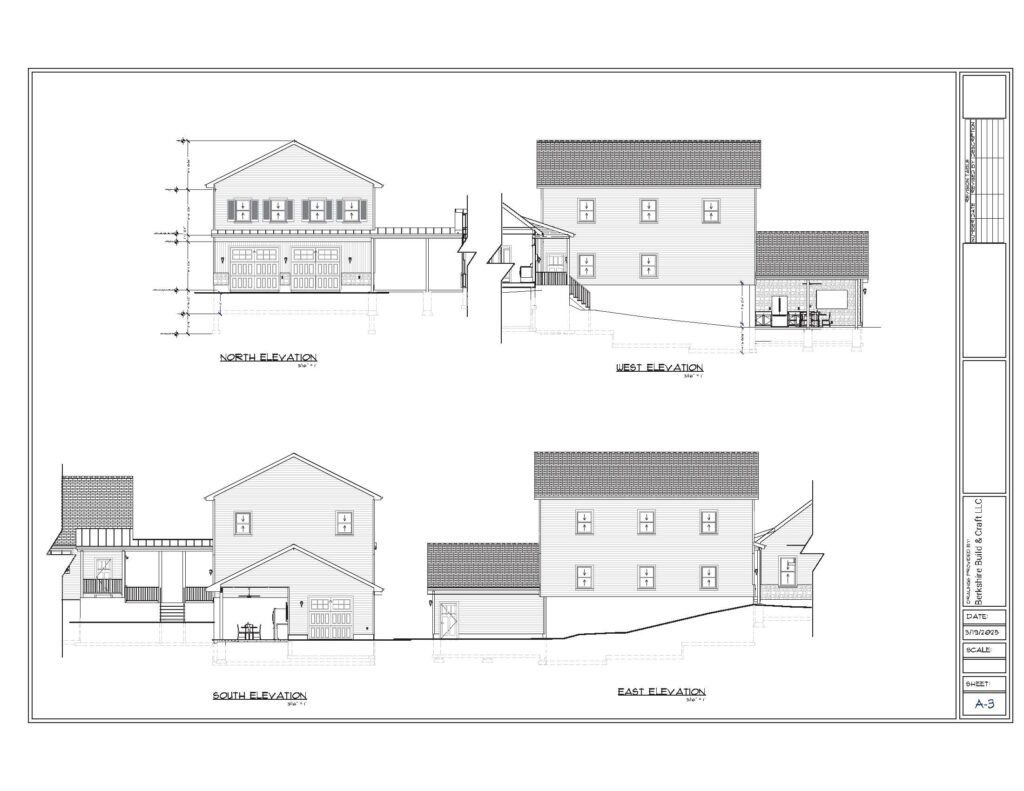 Exterior elevation drawings for the two-story coach house, poolside cabana and covered walkway
