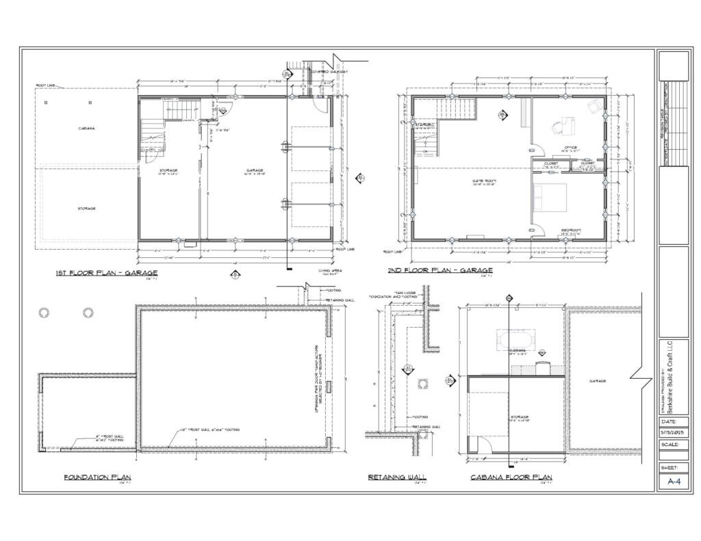 Floor and foundation plans showing the two-car garage, storage, game room, office, bedroom and poolside cabana