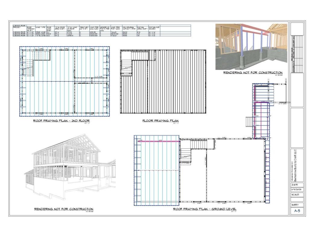 Floor and roof framing plans coordinating the coach house, cabana and covered walkway