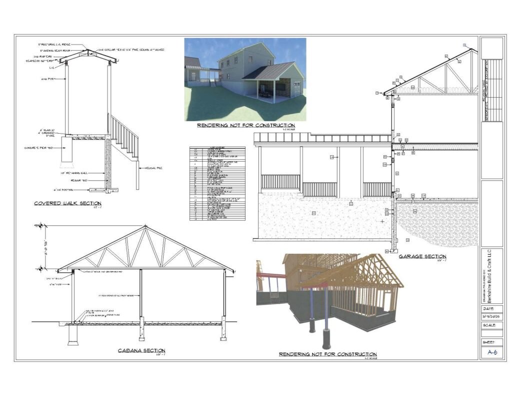 Building sections showing the coach house, sloped-site retaining wall, cabana and covered-walkway connections